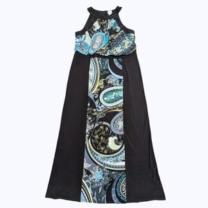 Chicos 2‎ Large 12 Halter Maxi Dress Long Black Blue Print Vacation Summer
